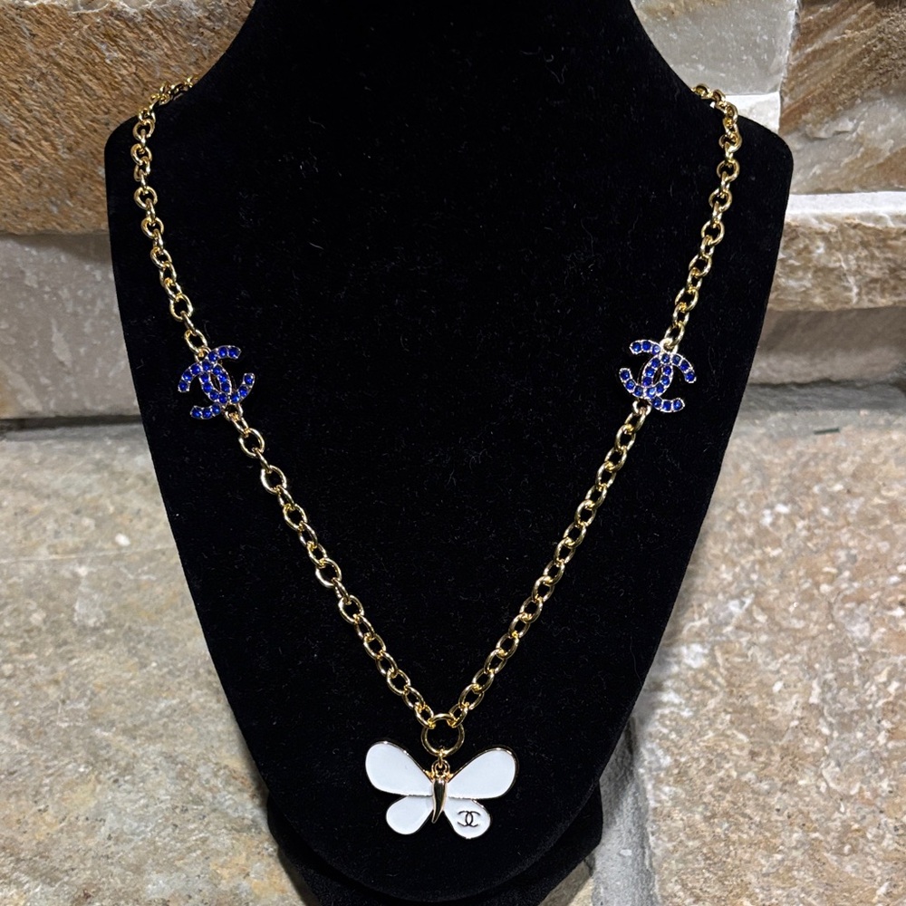 Gold and Blue CC Butterfly Necklace
